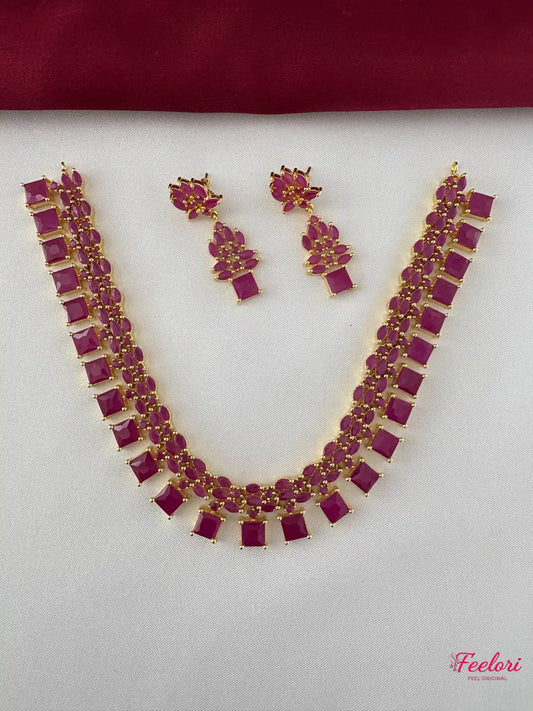 FeelOri Gold Plated Ruby Square Cluster Necklace Set - Front view showcasing the double strand of square ruby clusters and matching marquise drop earrings.