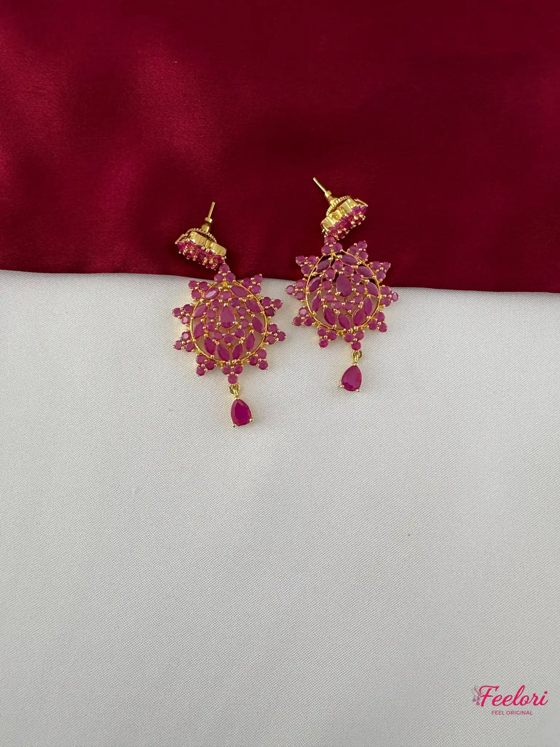 FeelOri Gold Plated Festive Petal Ruby-Tone Necklace Set - Handcrafted Elegance - FeelOri Indian fashion jewellery view 3