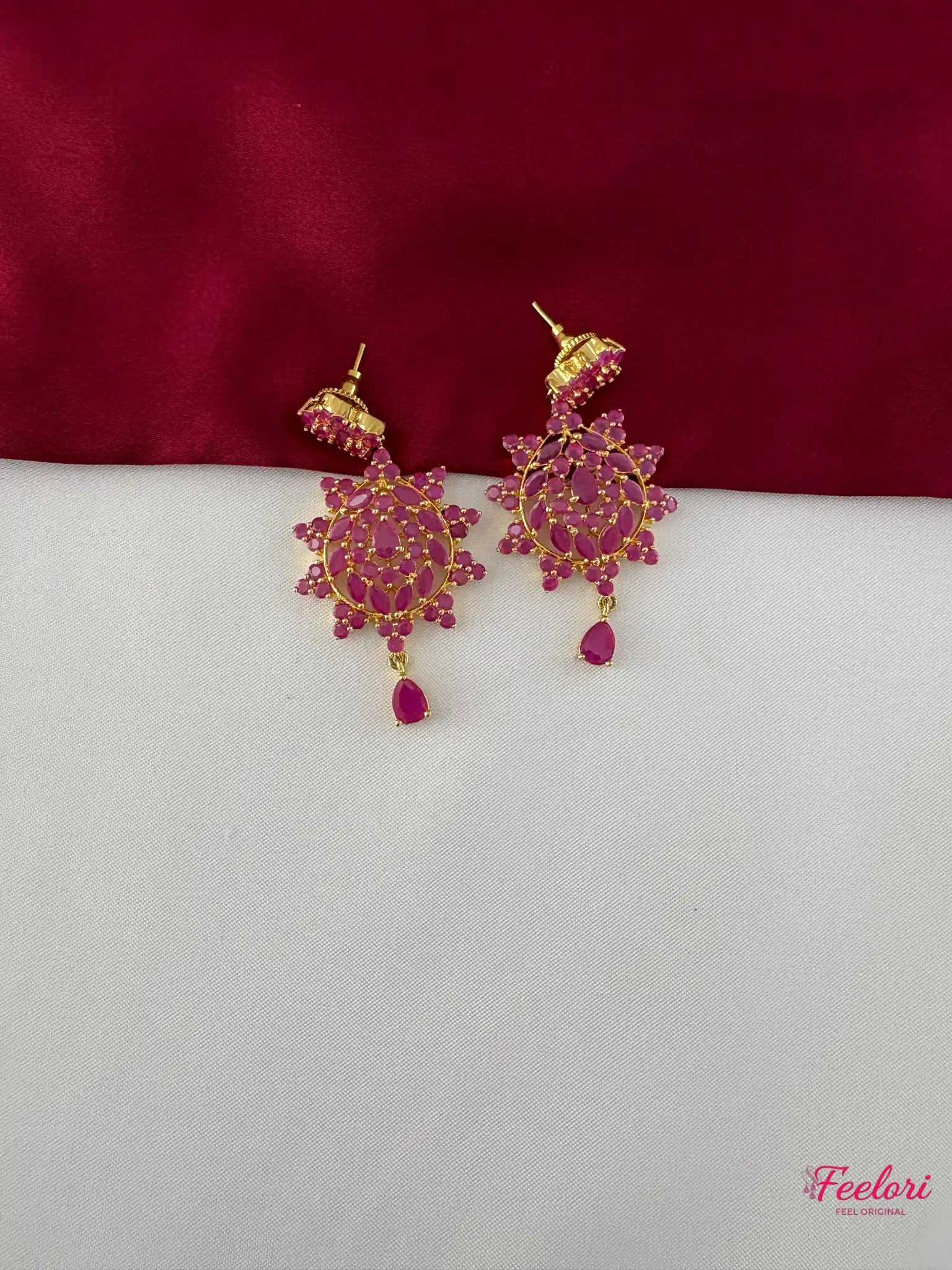 FeelOri Gold Plated Festive Petal Ruby-Tone Necklace Set - Handcrafted Elegance - FeelOri Indian fashion jewellery view 3