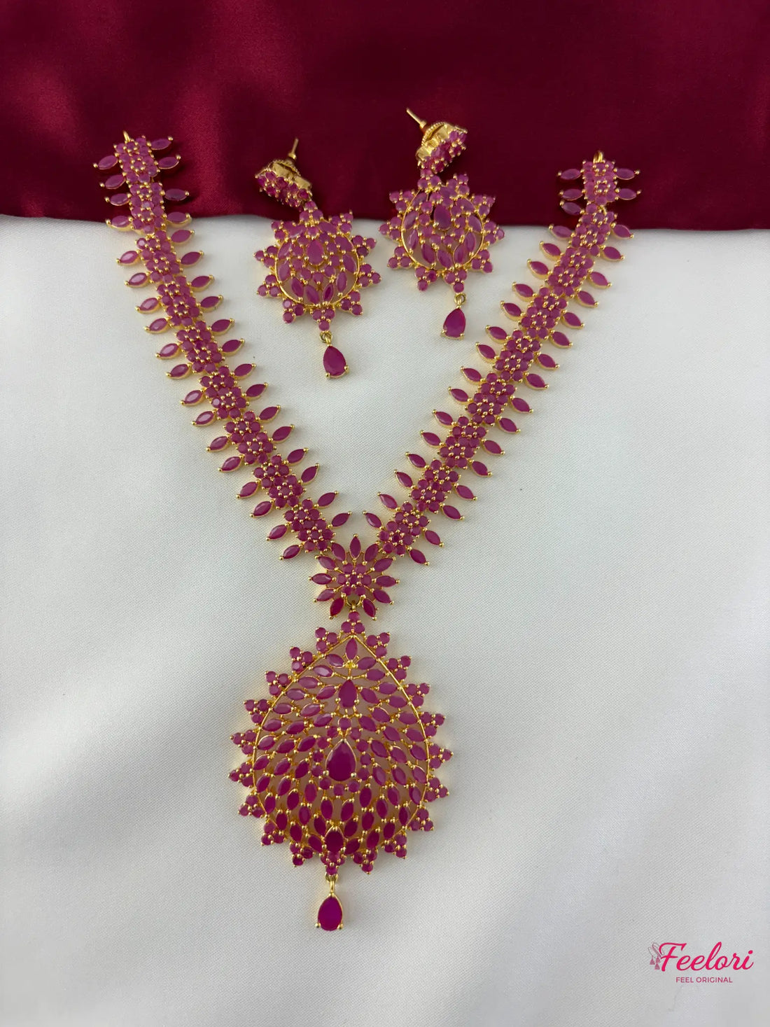 FeelOri Gold Plated Festive Petal Ruby-Tone Necklace Set - Handcrafted Elegance - FeelOri Indian fashion jewellery view 1
