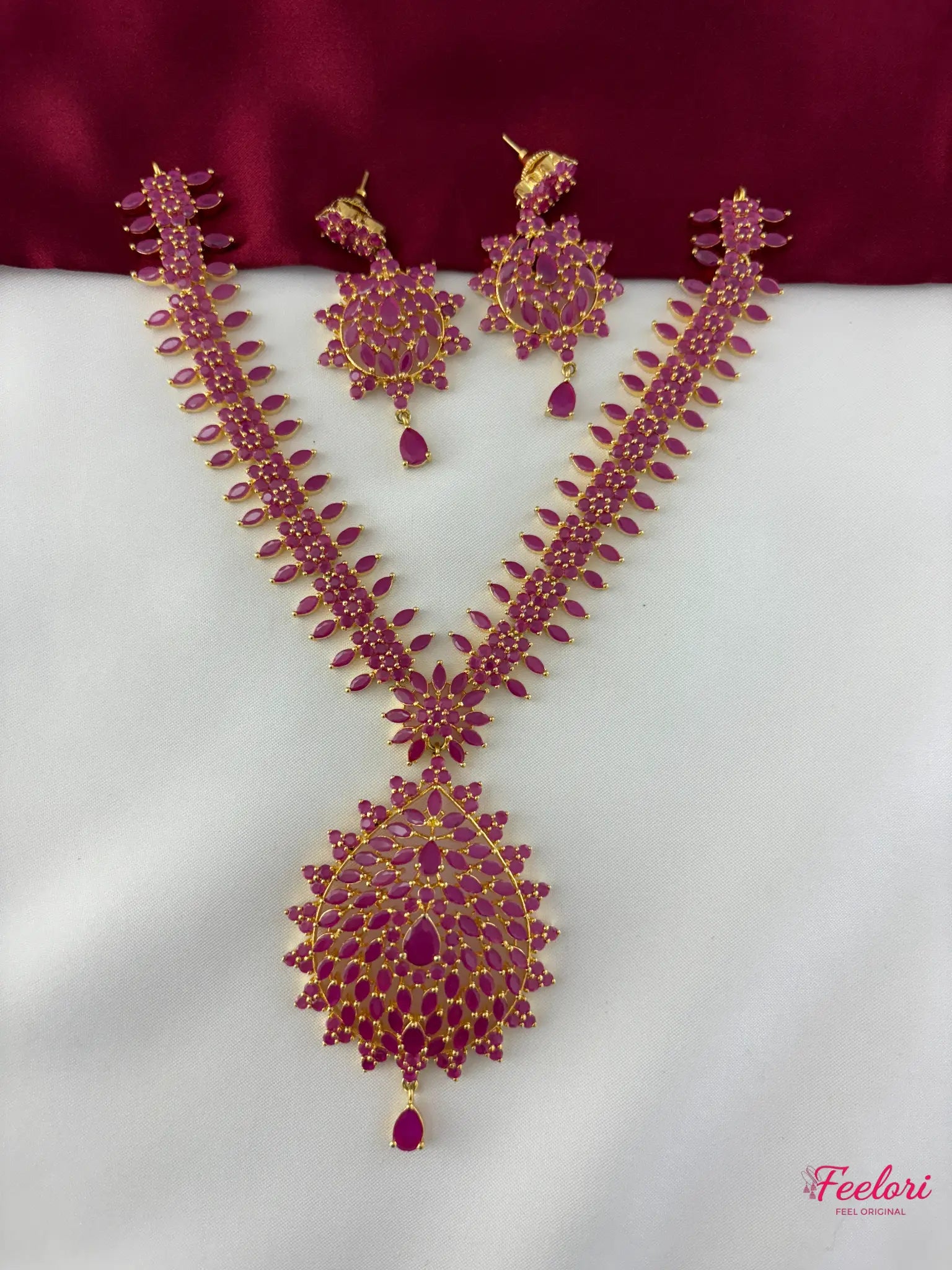 FeelOri Gold Plated Festive Petal Ruby-Tone Necklace Set - Handcrafted Elegance - FeelOri Indian fashion jewellery view 1