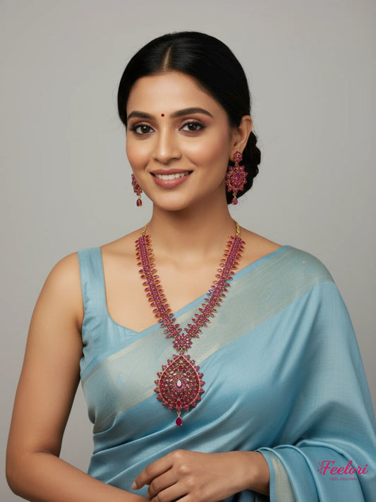 FeelOri Gold Plated Festive Petal Ruby Necklace Set - Handcrafted Elegance - Ruby Red - Lifestyle