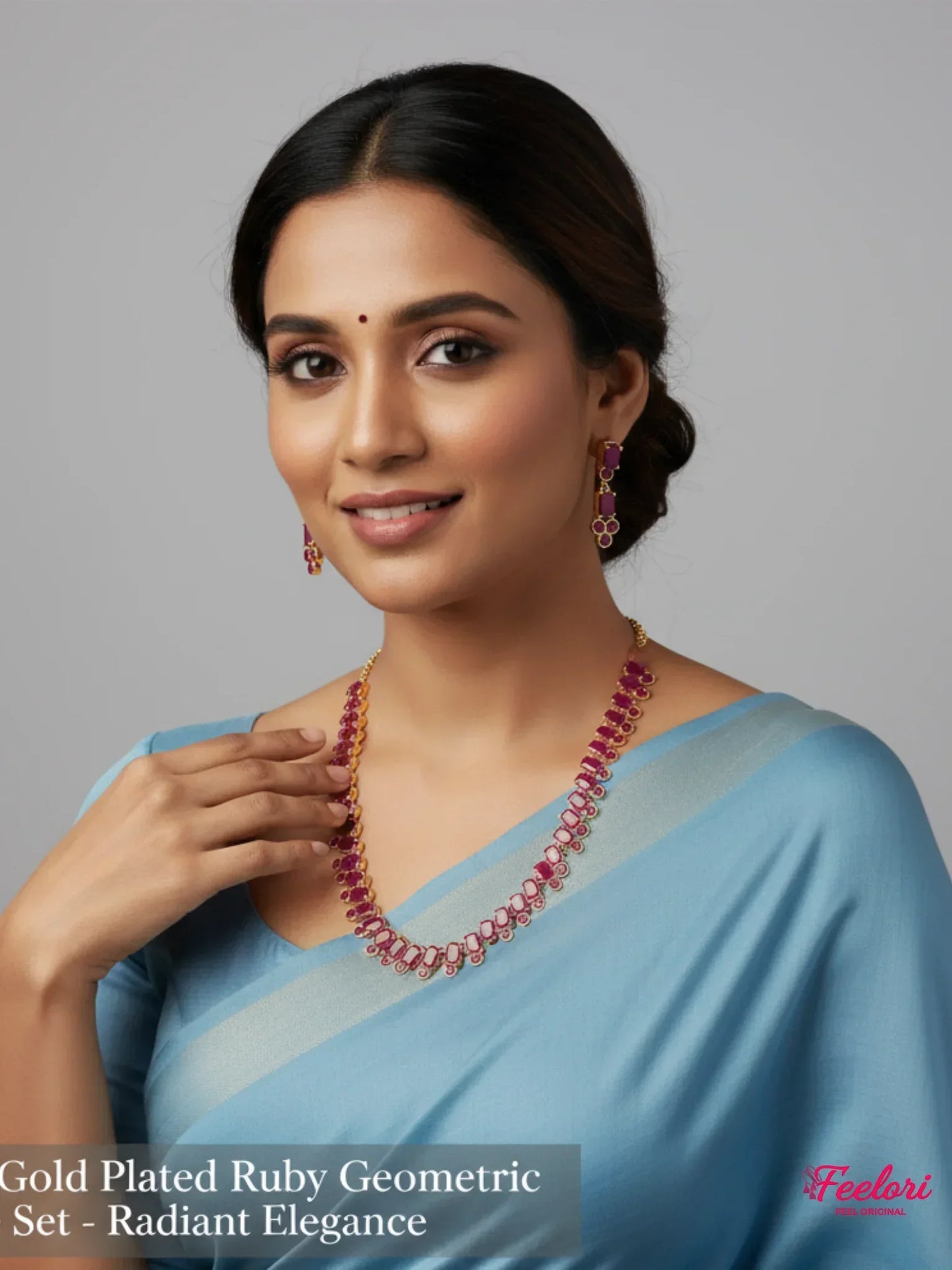 FeelOri Ruby Geometric Necklace Set - Model wearing radiant set with light blue saree.