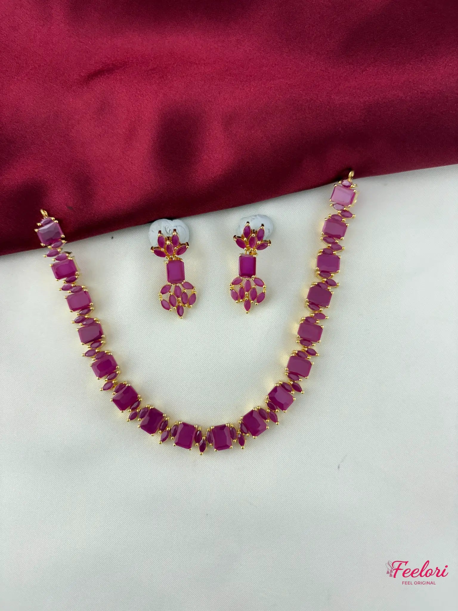 FeelOri Gold Plated Ruby Necklace & Earring Set - Full view showcasing the square cut stone necklace and matching dangle earrings.
