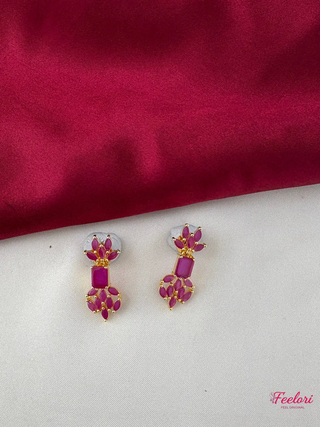 FeelOri Gold Plated Ruby Dangle Earrings - Close-up view highlighting the intricate marquise stone cluster detail and square top.