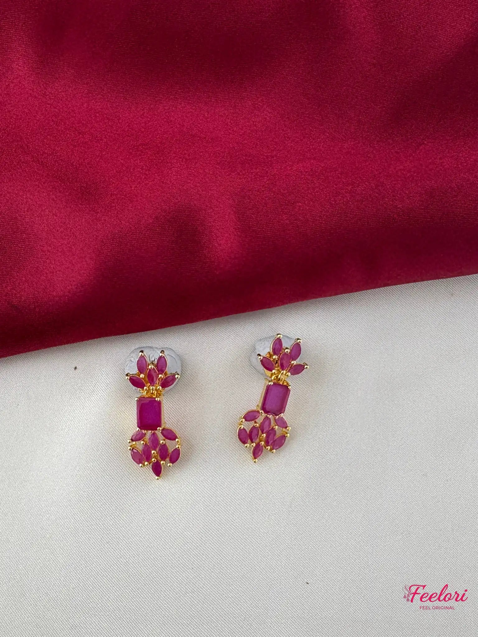 FeelOri Gold Plated Ruby Dangle Earrings - Close-up view highlighting the intricate marquise stone cluster detail and square top.