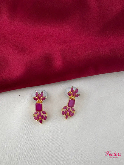 FeelOri Gold Plated Ruby Dangle Earrings - Close-up view highlighting the intricate marquise stone cluster detail and square top.
