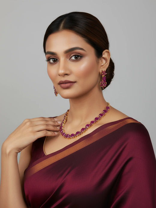 FeelOri Gold Plated Ruby Necklace & Earring Set - Model wearing set with traditional maroon saree