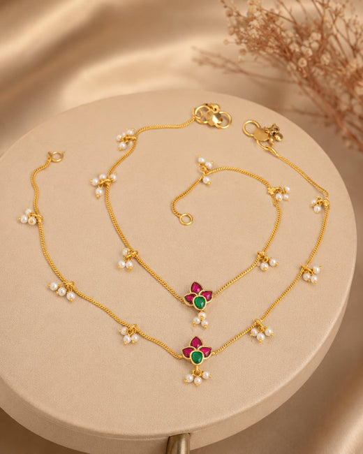FeelOri ruby green flower jadau kundan payal anklets listed as a pair of anklets main product view