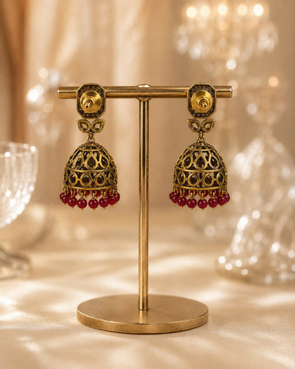 FeelOri ruby jhumka earrings rear view showing openwork reverse, straight posts, and push-back closures