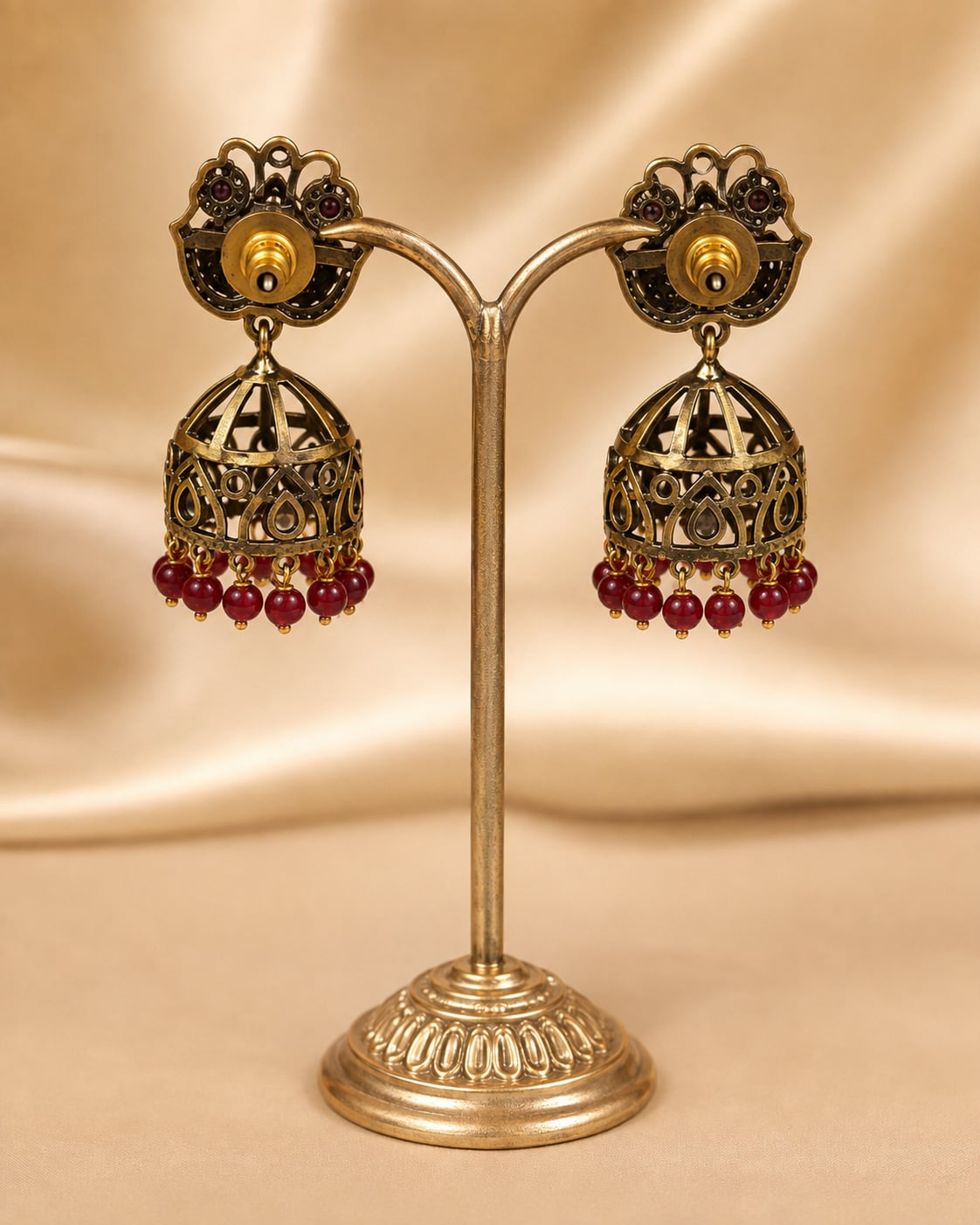 FeelOri ruby jhumka earrings rear view showing openwork reverse, straight posts, and push-back closures