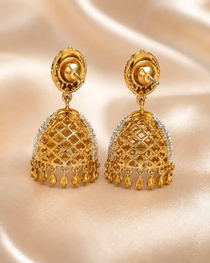 FeelOri ruby jhumka earrings rear view showing openwork reverse, straight posts, and push-back closures