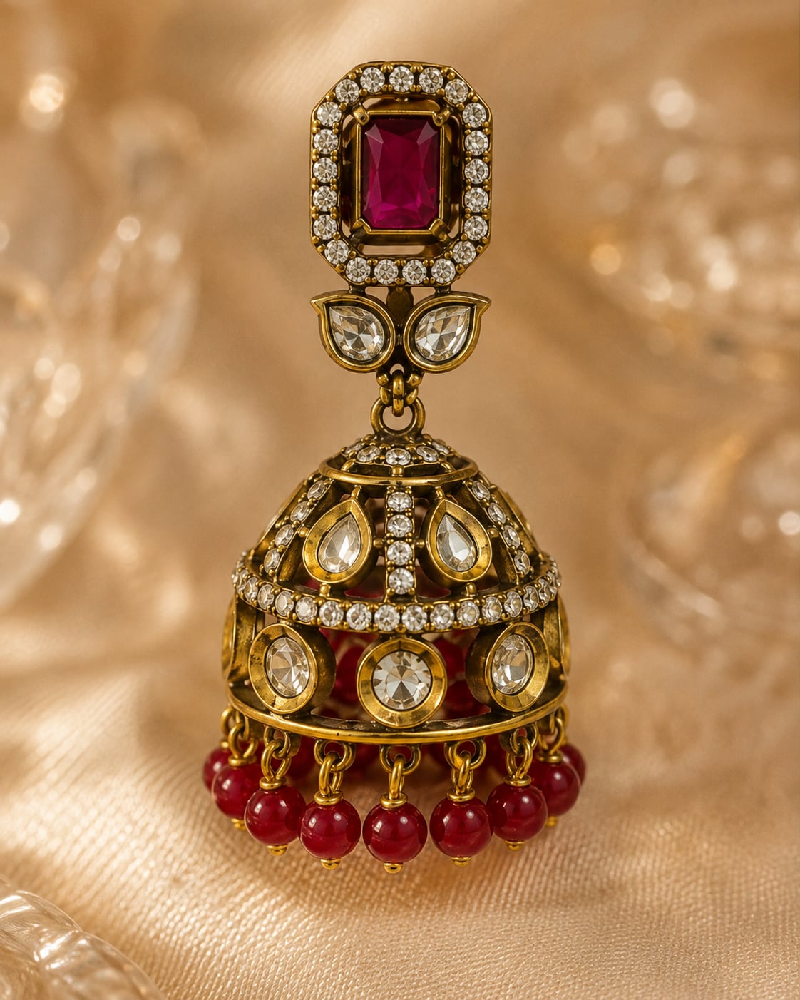 FeelOri ruby jhumka earrings stone setting, ear-chain or earring construction, and gold-polished finish detail
