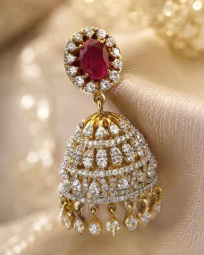 FeelOri ruby jhumka earrings stone setting, ear-chain or earring construction, and gold-polished finish detail