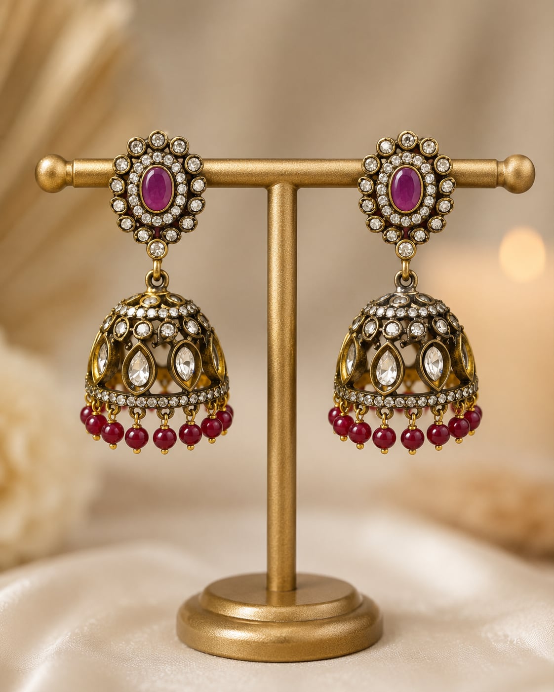 FeelOri ruby jhumka earrings on jewellery display