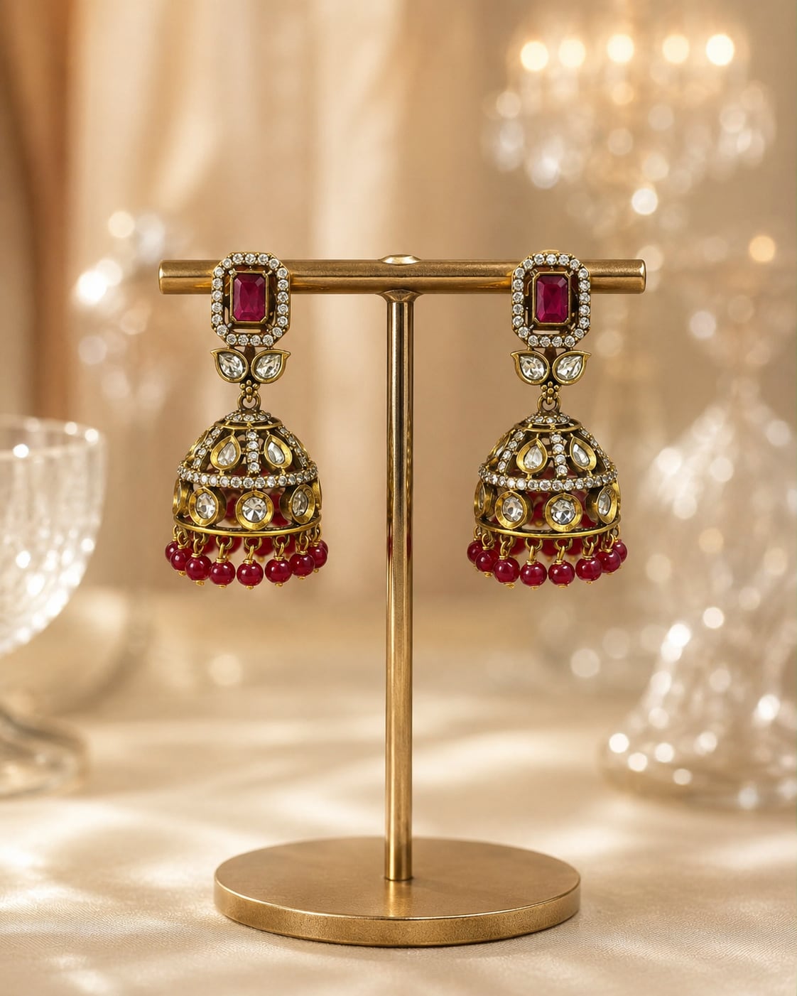 FeelOri ruby jhumka earrings on jewellery display