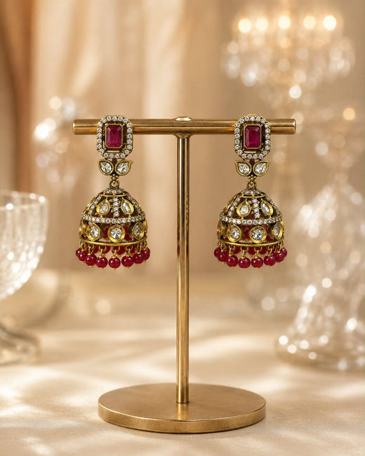 FeelOri ruby jhumka earrings on jewellery display