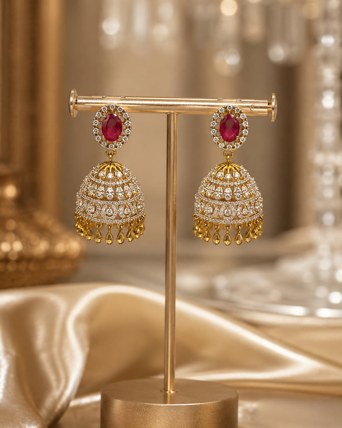 FeelOri ruby jhumka earrings on jewellery display