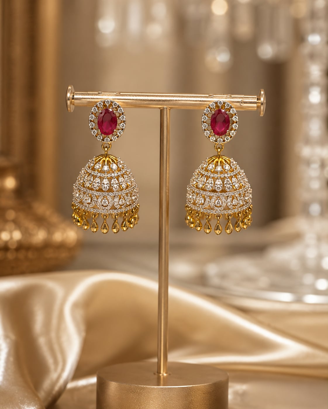 FeelOri ruby jhumka earrings on jewellery display