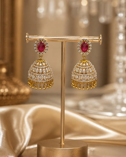 FeelOri ruby jhumka earrings on jewellery display