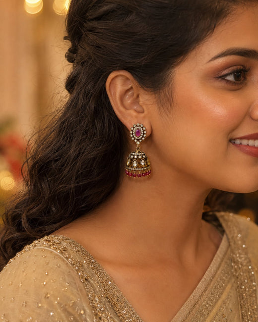 FeelOri ruby jhumka earrings styled with Indian occasion wear