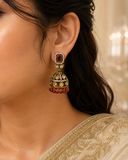 FeelOri ruby jhumka earrings styled with Indian occasion wear