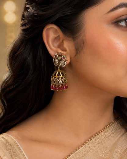 FeelOri ruby jhumka earrings styled with Indian occasion wear