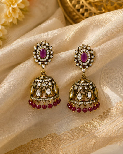 FeelOri ruby jhumka earrings styled with saree fabric for Indian occasion wear