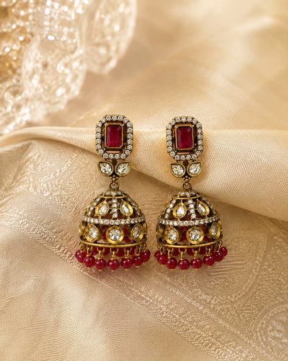 FeelOri ruby jhumka earrings styled with saree fabric for Indian occasion wear