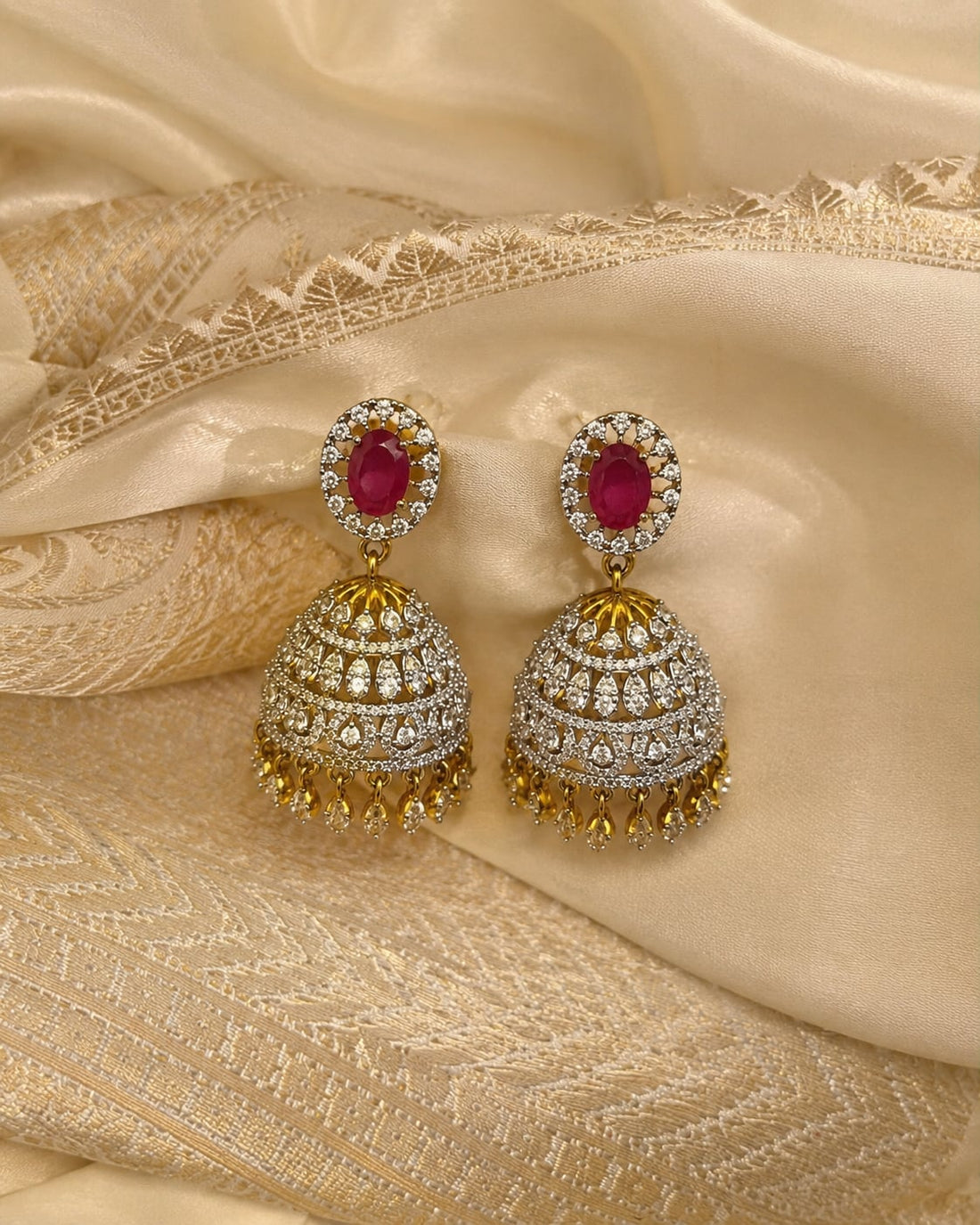 FeelOri ruby jhumka earrings styled with saree fabric for Indian occasion wear