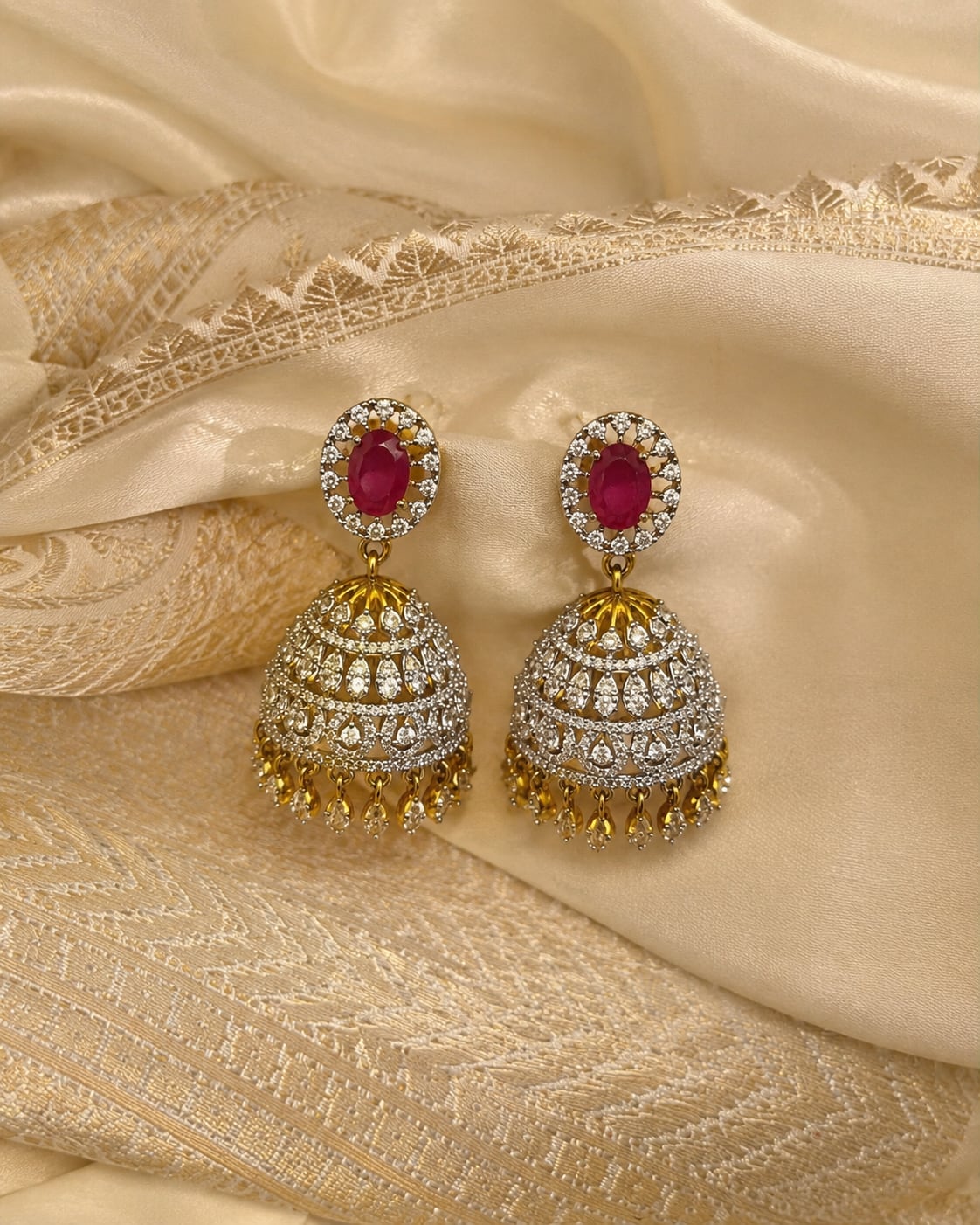 FeelOri ruby jhumka earrings styled with saree fabric for Indian occasion wear