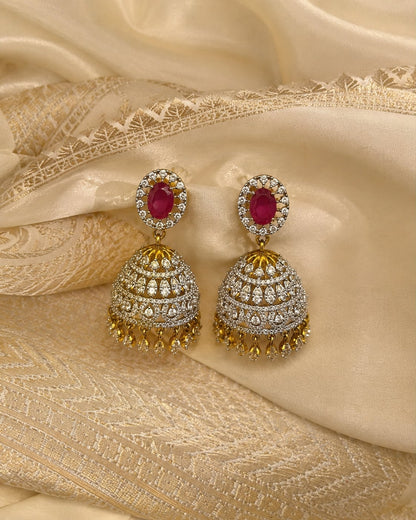 FeelOri ruby jhumka earrings styled with saree fabric for Indian occasion wear
