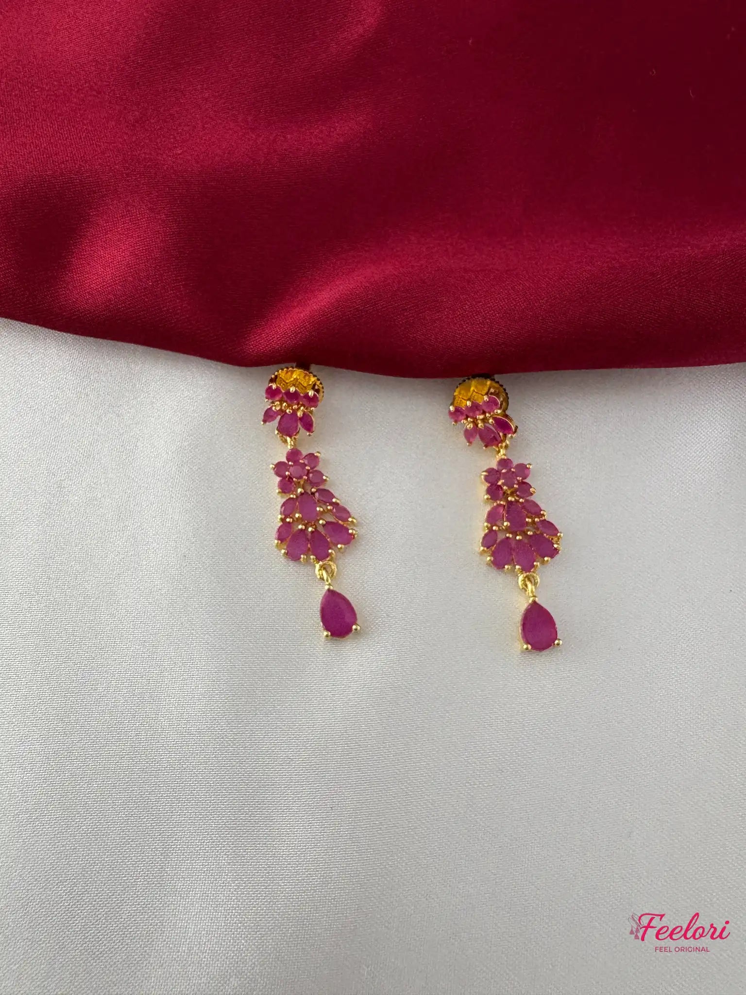 FeelOri Gold Plated Ruby-Tone Marquise Petal Jewelry Set - Festive Elegance - FeelOri Indian fashion jewellery view 3