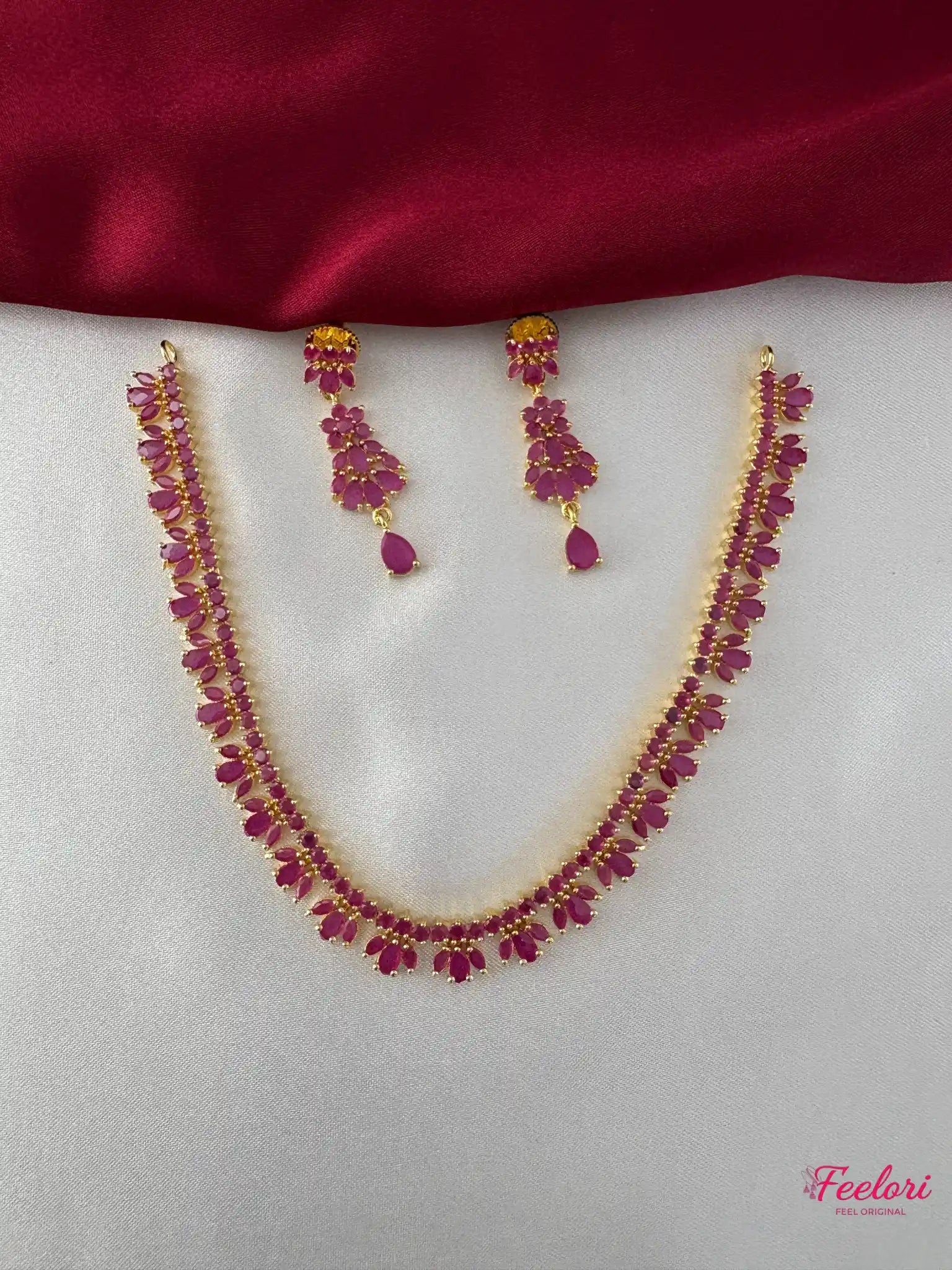 FeelOri Gold Plated Ruby-Tone Marquise Petal Jewelry Set - Festive Elegance - FeelOri Indian fashion jewellery view 1