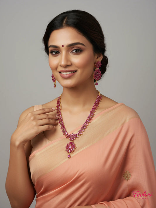 FeelOri Gold Plated Ruby Petal Flower Necklace Set - Festive Charm - Gold and Ruby - Lifestyle