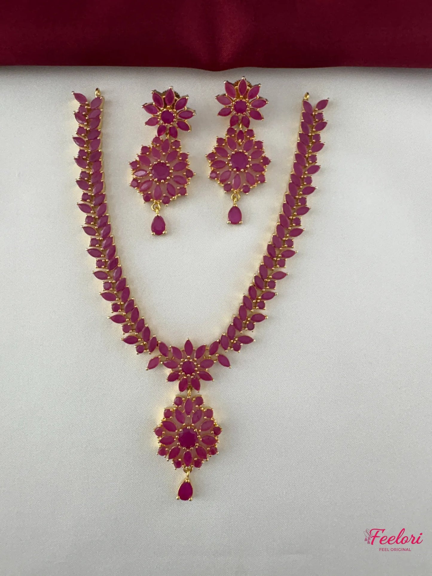FeelOri Gold Plated Ruby-Tone Petal Flower Necklace Set - Festive Charm - FeelOri Indian fashion jewellery view 1