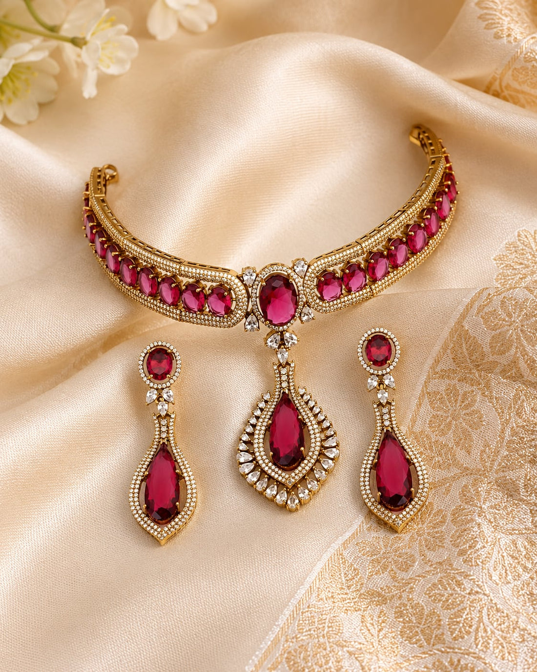 FeelOri ruby-tone choker necklace styled with saree fabric for Indian occasion wear