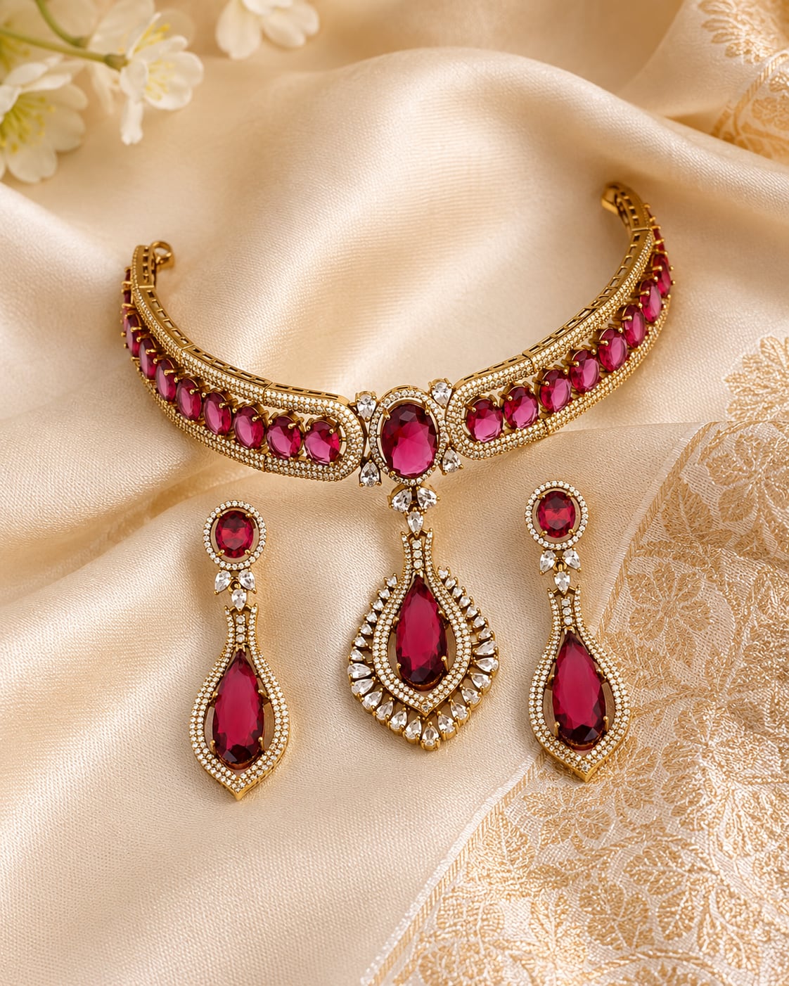 FeelOri ruby-tone choker necklace styled with saree fabric for Indian occasion wear
