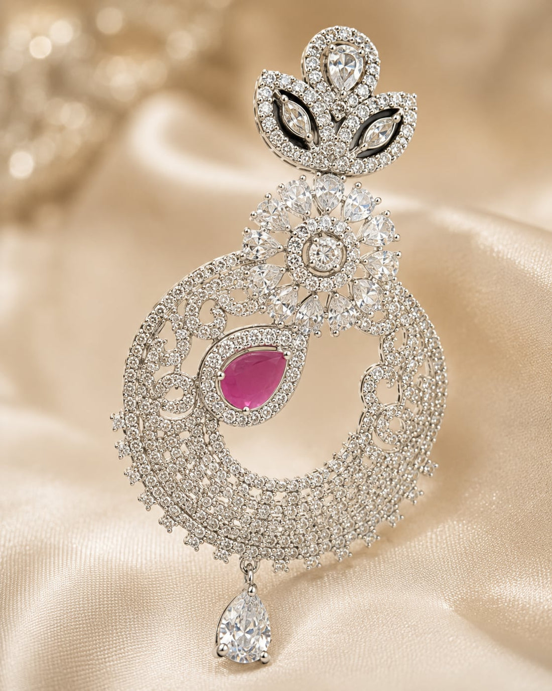 FeelOri Pink Accent Silver Rhodium CZ Paisley Drop Earrings - construction detail
