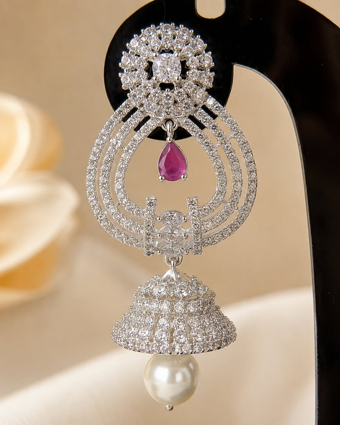 FeelOri Pink Paisley Silver Rhodium CZ Drop Earrings - construction detail