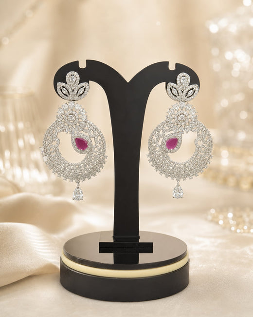FeelOri Pink Accent Silver Rhodium CZ Paisley Drop Earrings - display view