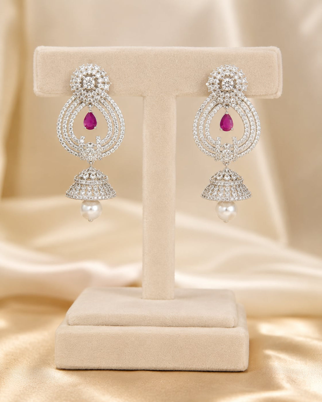 FeelOri Pink Paisley Silver Rhodium CZ Drop Earrings - display view