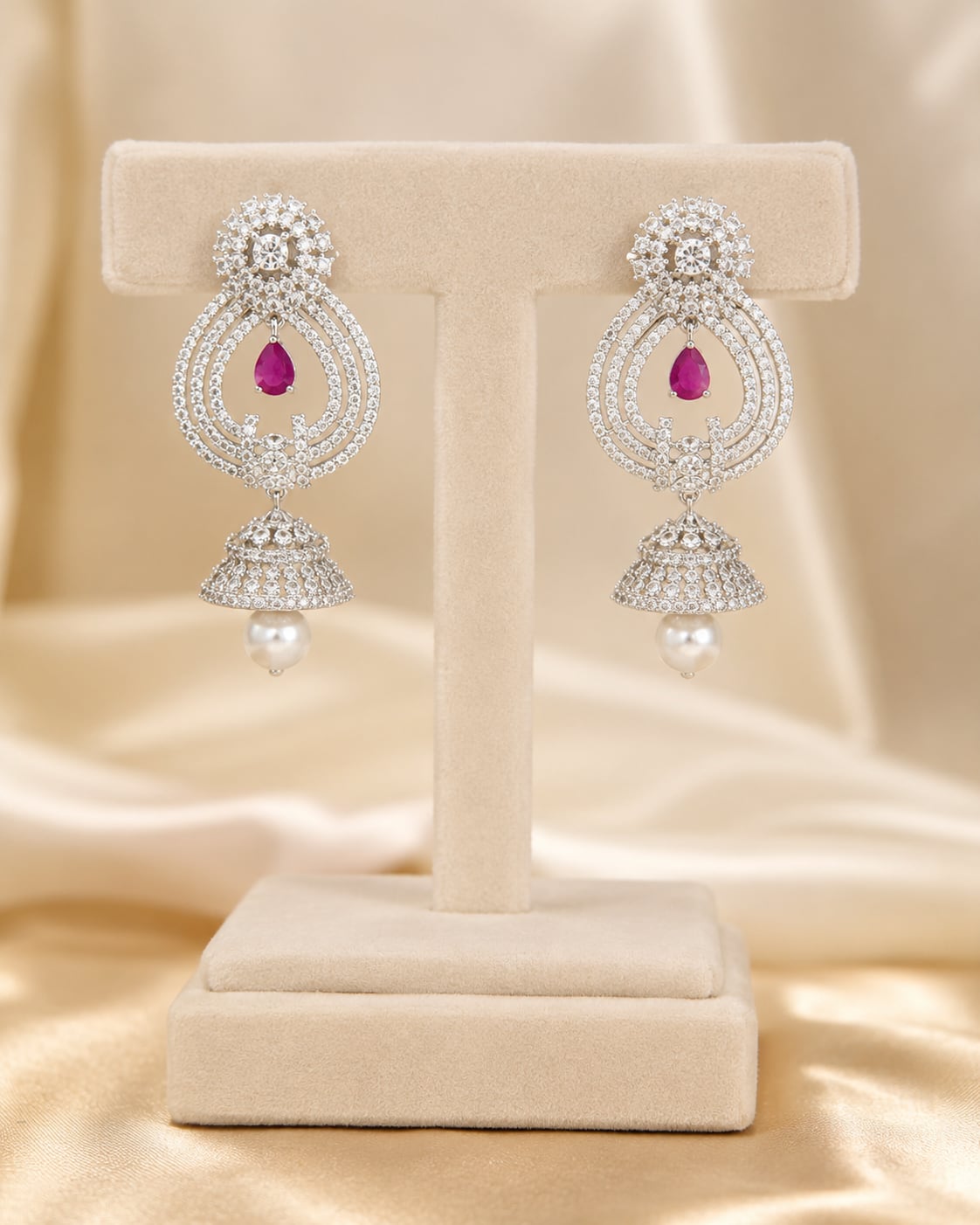 FeelOri Pink Paisley Silver Rhodium CZ Drop Earrings - display view