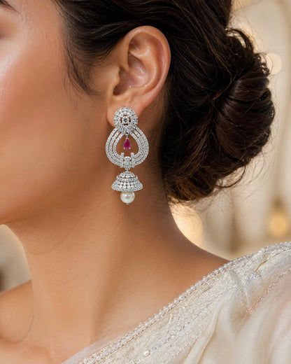 FeelOri Pink Paisley Silver Rhodium CZ Drop Earrings - model styling view