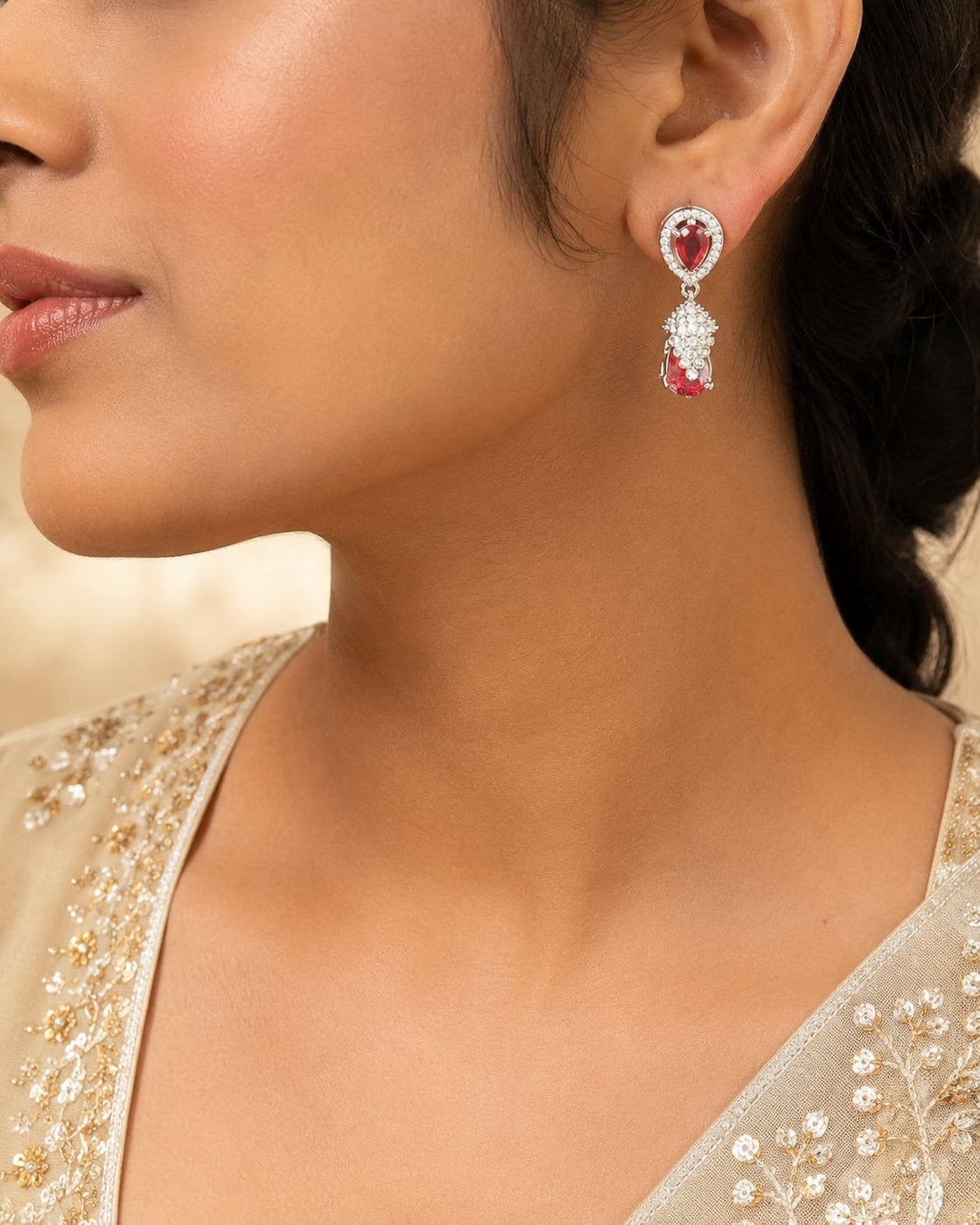 FeelOri Petite Pink Silver Rhodium CZ Drop Earrings - model styling view
