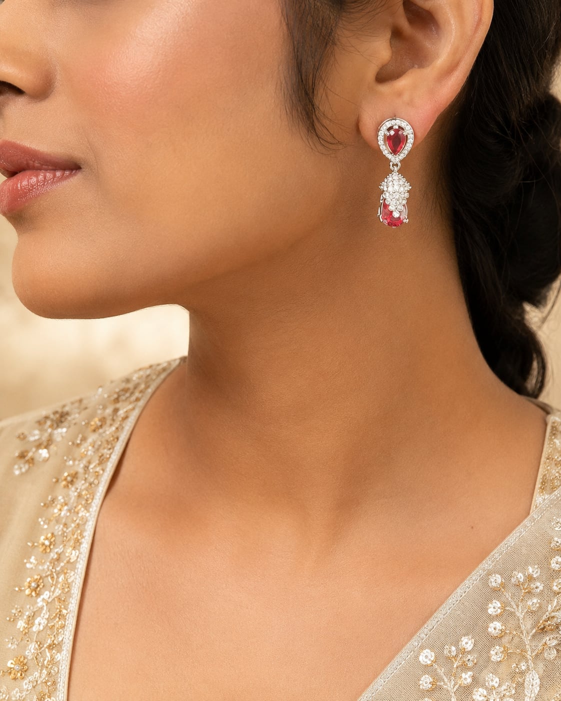 FeelOri Petite Pink Silver Rhodium CZ Drop Earrings - model styling view