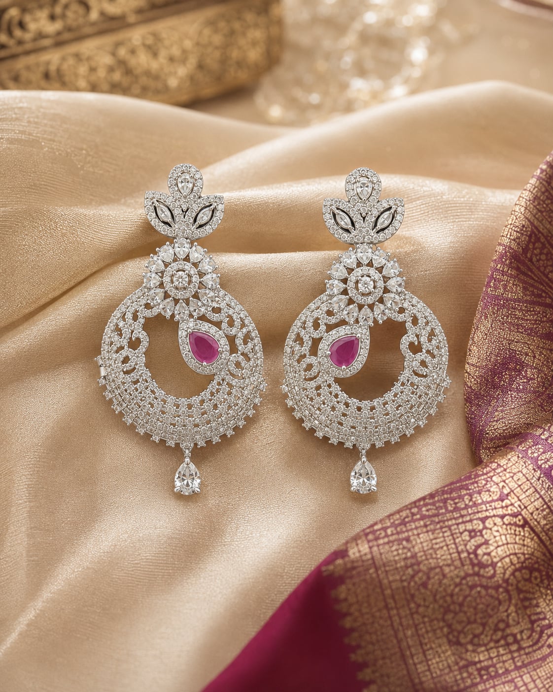 FeelOri Pink Accent Silver Rhodium CZ Paisley Drop Earrings - silk styling view