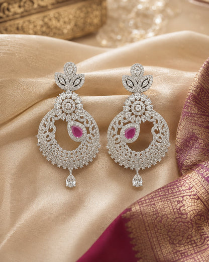FeelOri Pink Accent Silver Rhodium CZ Paisley Drop Earrings - silk styling view