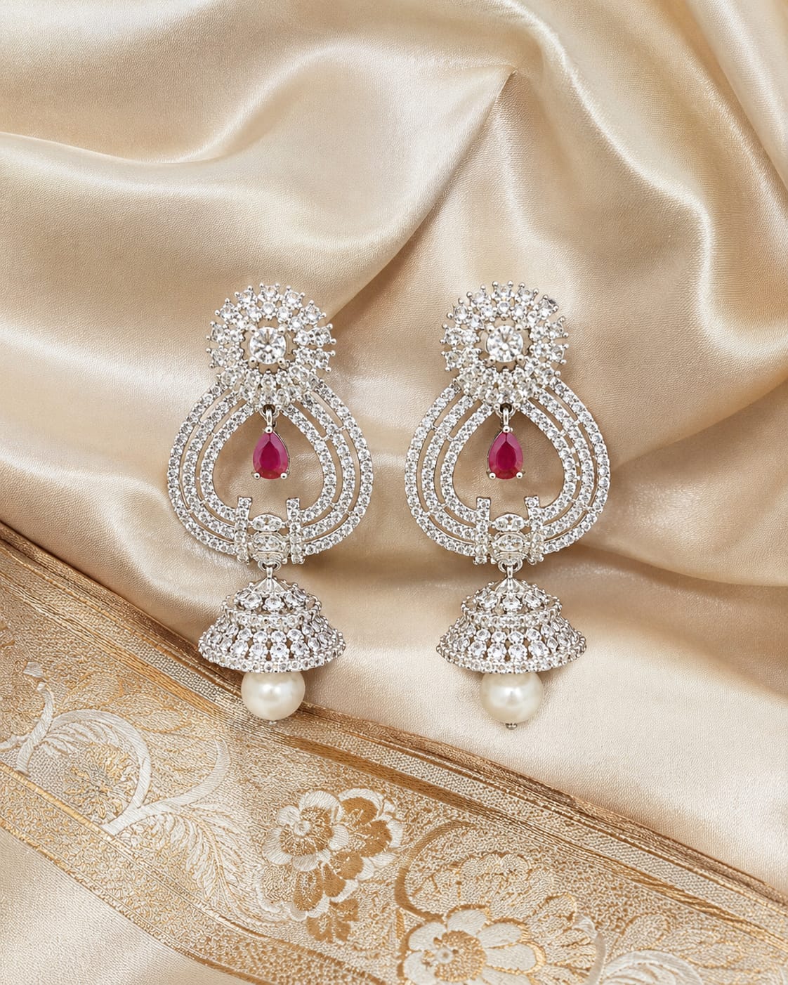 FeelOri Pink Paisley Silver Rhodium CZ Drop Earrings - silk styling view