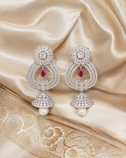 FeelOri Pink Paisley Silver Rhodium CZ Drop Earrings - silk styling view